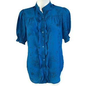 Worthington Floral Blouse Ruffle Button Front Blue Short Sleeve Top Size Medium